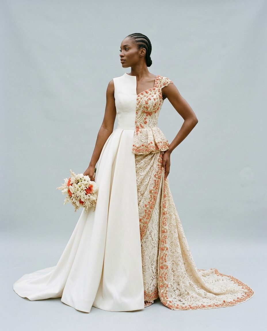 Nkem Bridal Pair — Ivory mikado gown with structured bodice, and a matching george-lace traditional set with coral beading