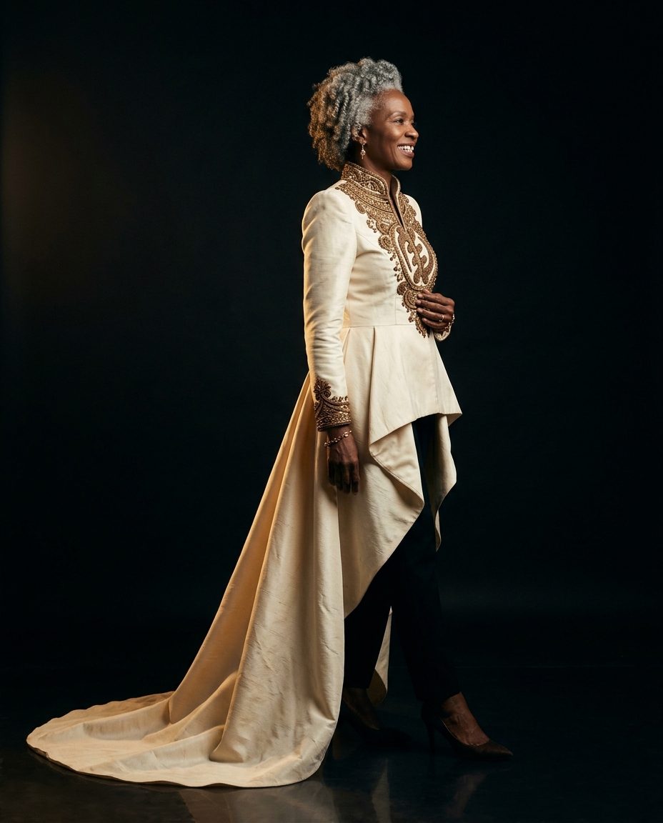 Dwennimmen Jacket — Cream silk jacket with bronze bullion ram's horn motif at the collar