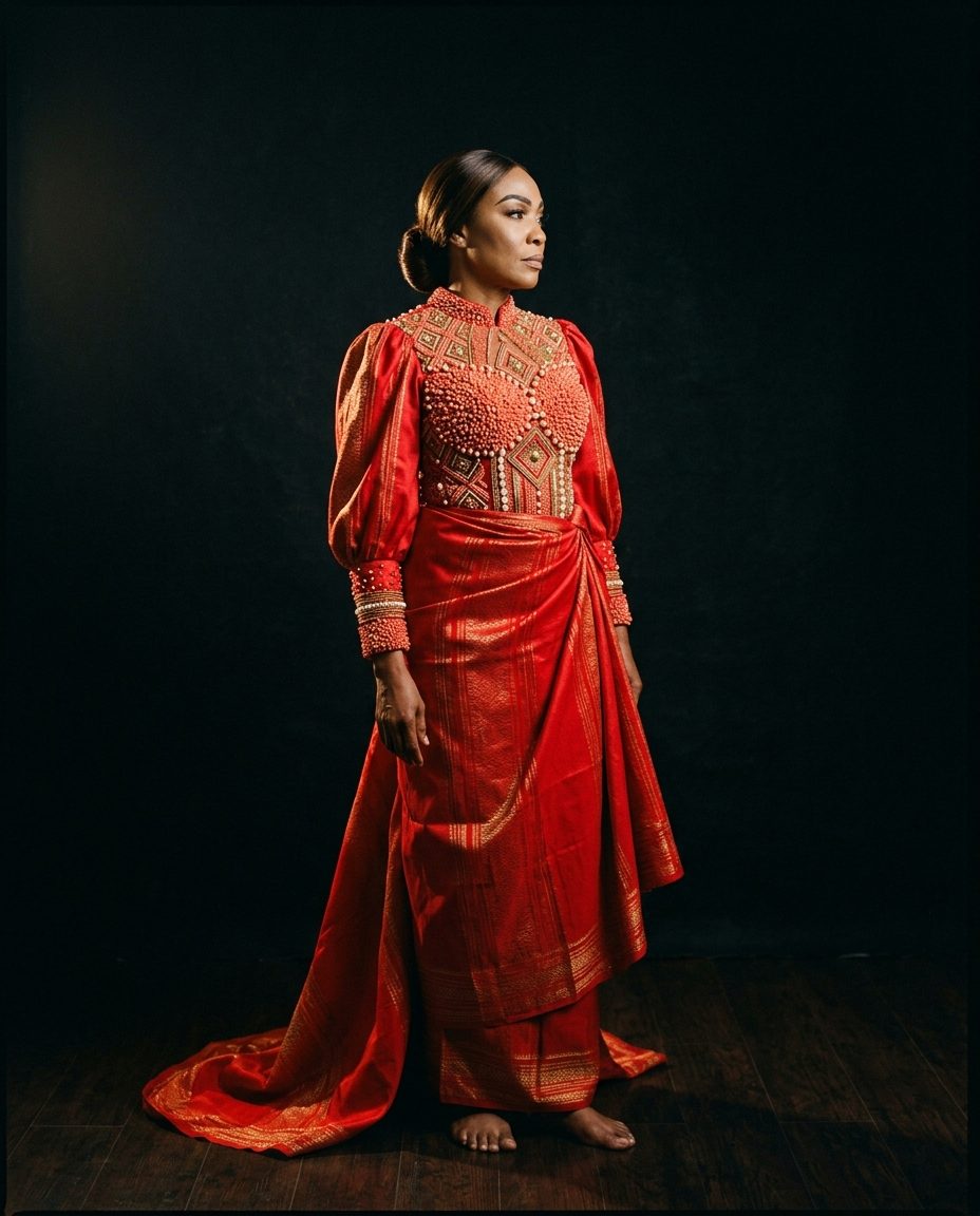 Igba Nkwu Blouse — Red george with hand-beaded coral bodice