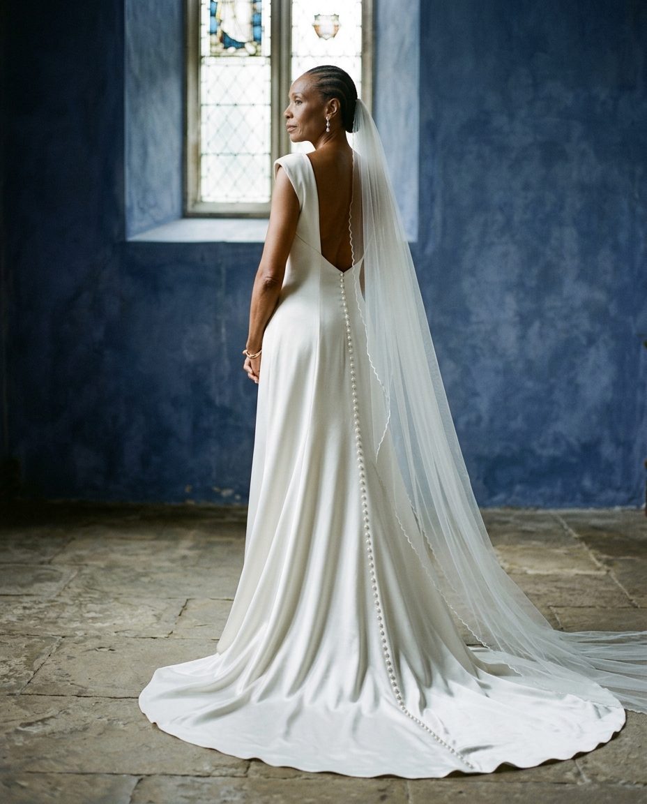 Cathedral Silk Gown — Silk satin column, low back, hand-set pearl buttons, three-metre train