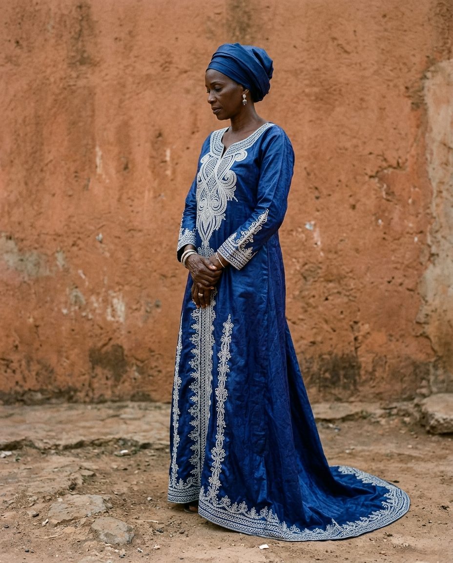 Indigo River Set — Deep indigo bazin with silver thread embroidery at chest and cuffs