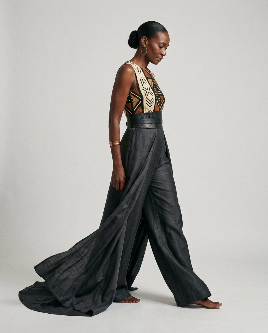Earth Jumpsuit — Bogolan bodice with raw silk trousers, wide belt