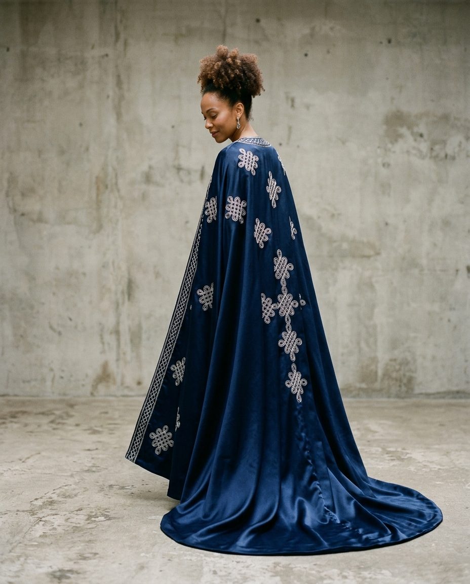 Kano Cape — Navy silk cape with silver Hausa knot embroidery, satin lining