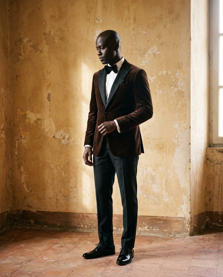 Cocoa Dinner Jacket — Chocolate velvet dinner jacket with grosgrain lapels