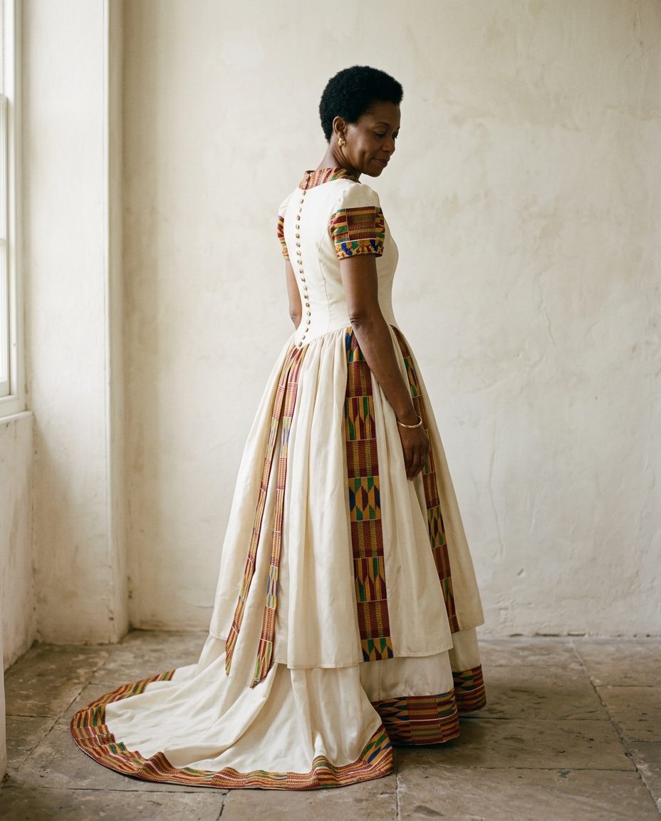 Flower-Girl Kente Dress — Child's kente-trim dress with silk bodice and hand-set buttons