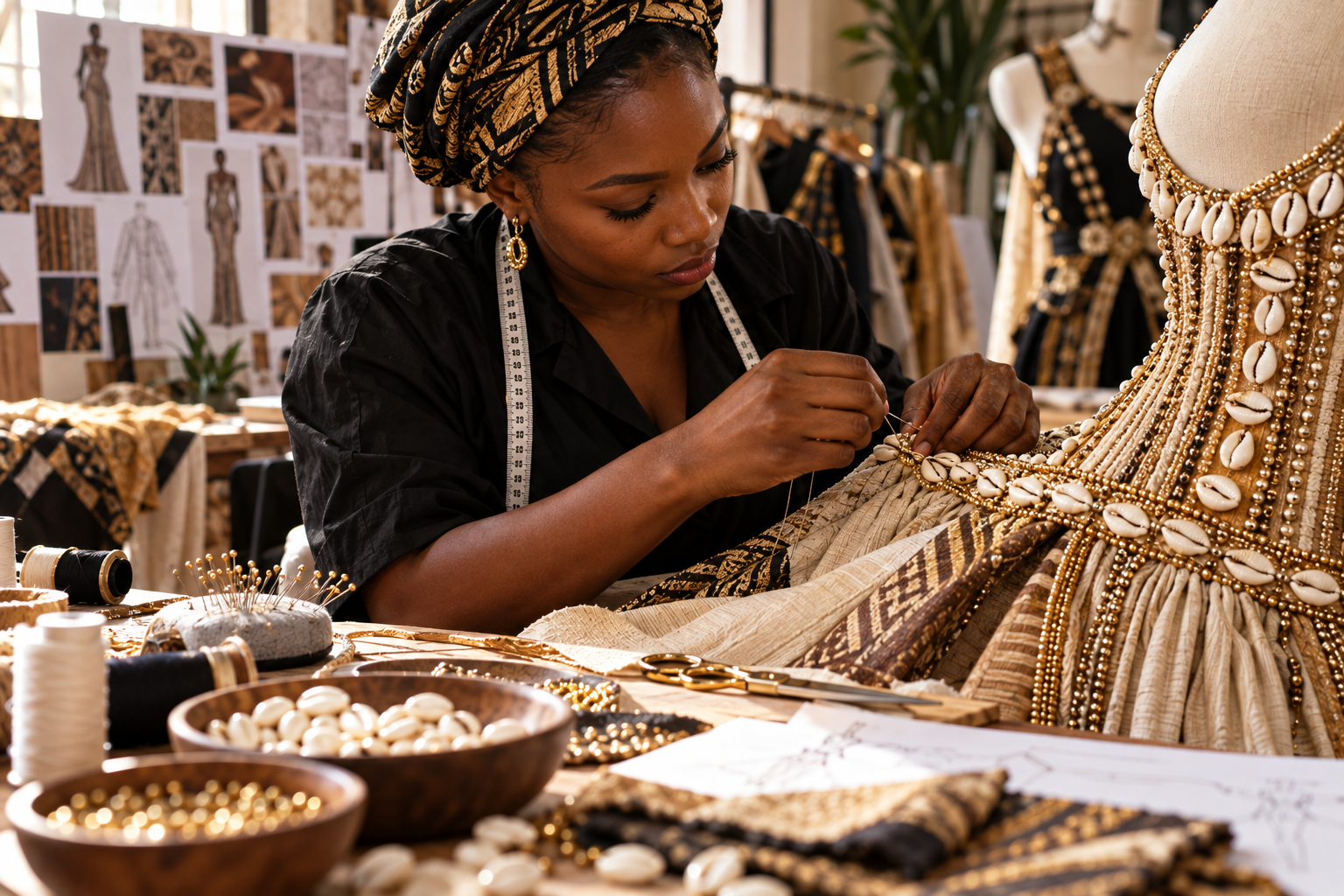 A tailor hand-stitching fabric