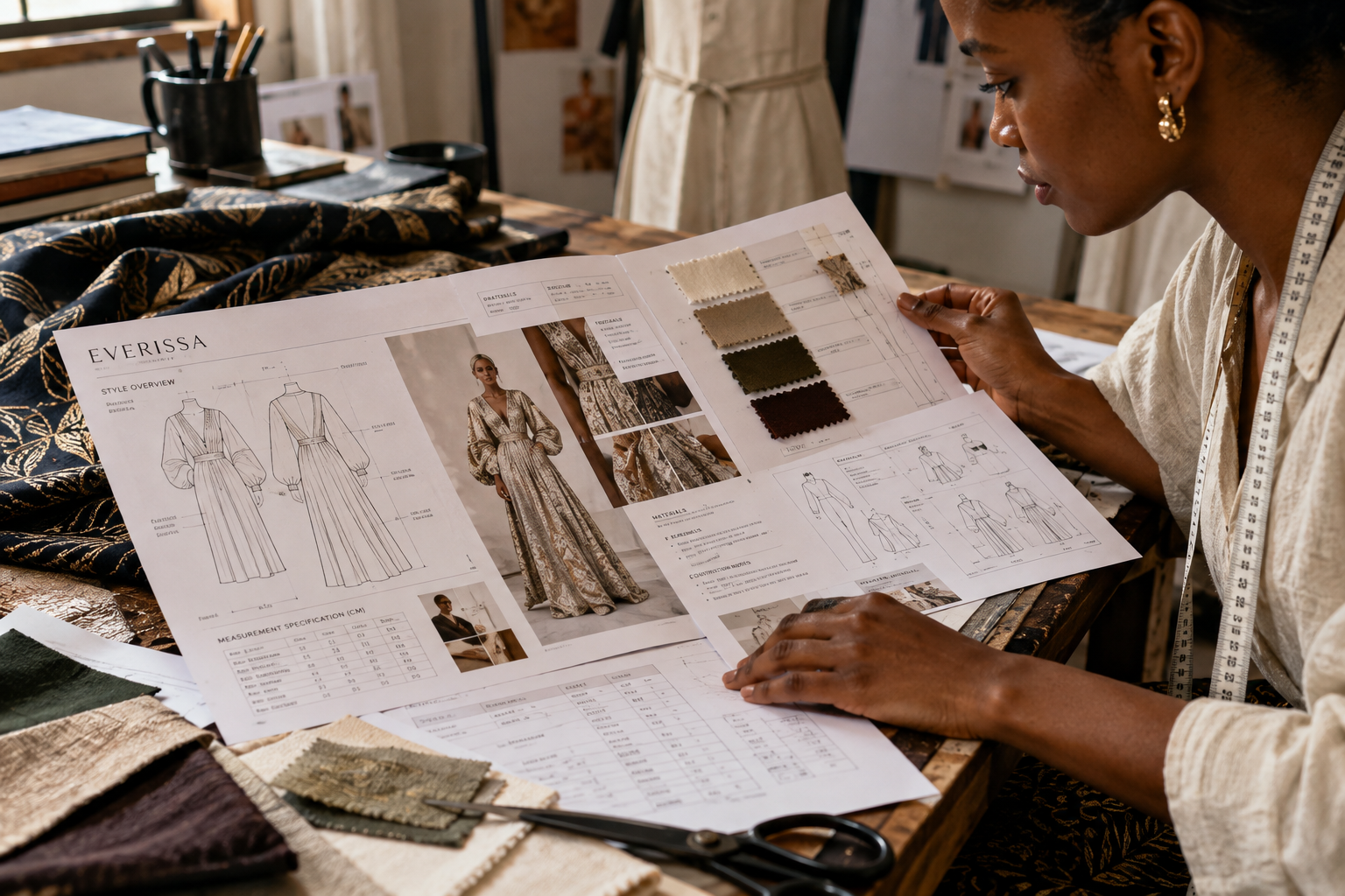 Fashion design sketches pinned to a studio board