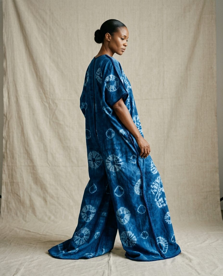 Courtyard Jumpsuit — Adire oniko cotton, wide leg, dropped shoulder, hand-bound seams
