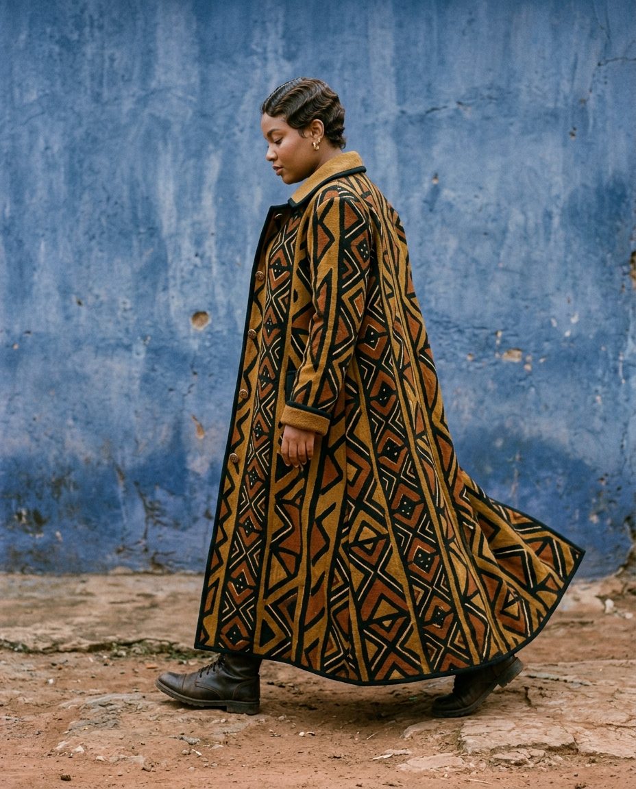 Ségou Coat — Hand-painted bogolan in ochre and black, structured shoulders, wool interlining