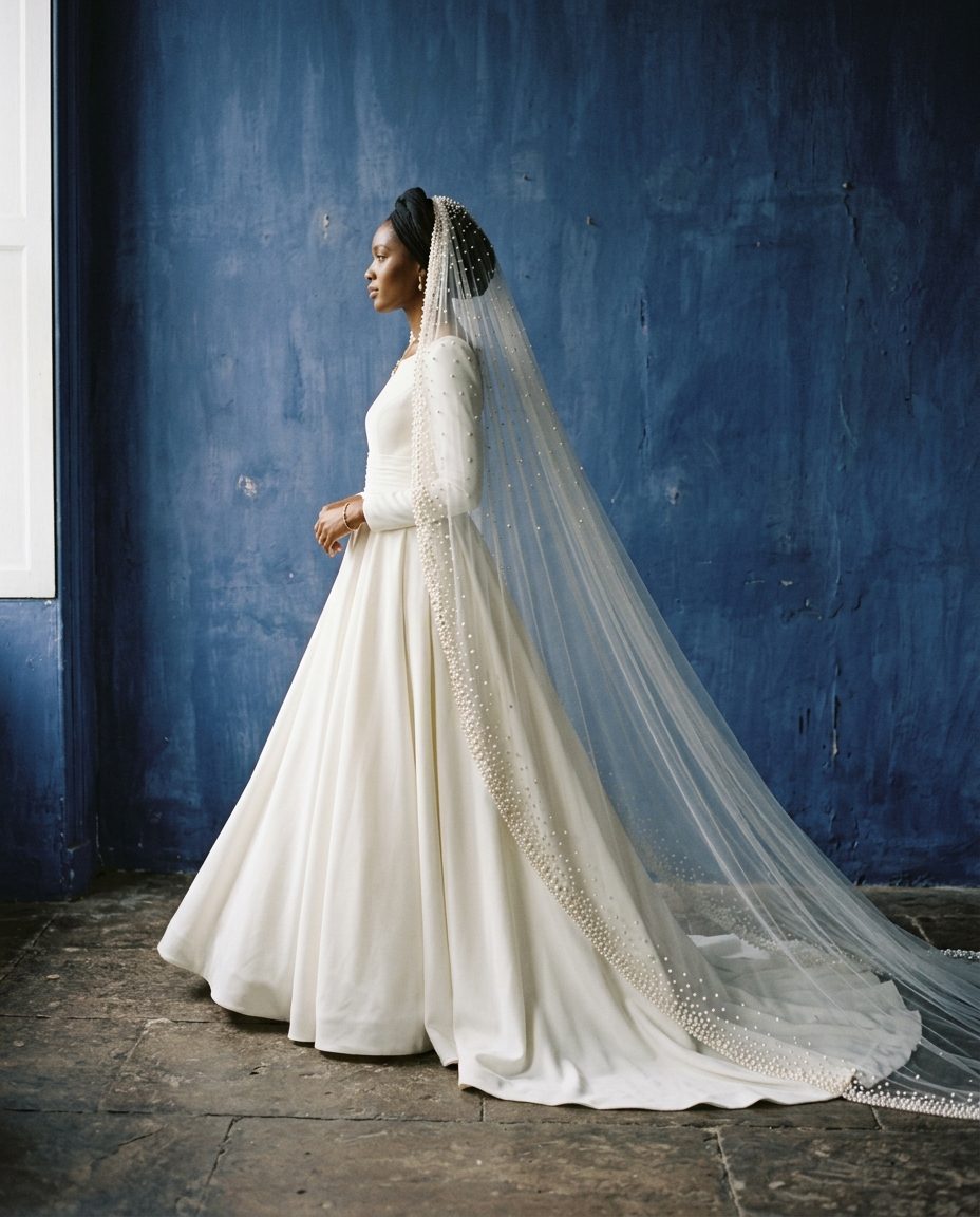 Pearl Veil — Cathedral tulle veil with hand-sewn pearls at the edge