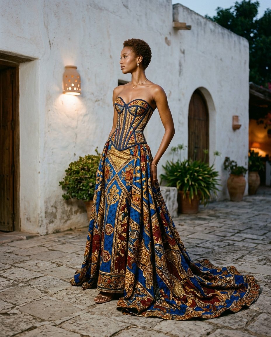 Owambe Corset Gown — Ankara over coutil, twenty-two steel bones, hand-bound edges, full skirt