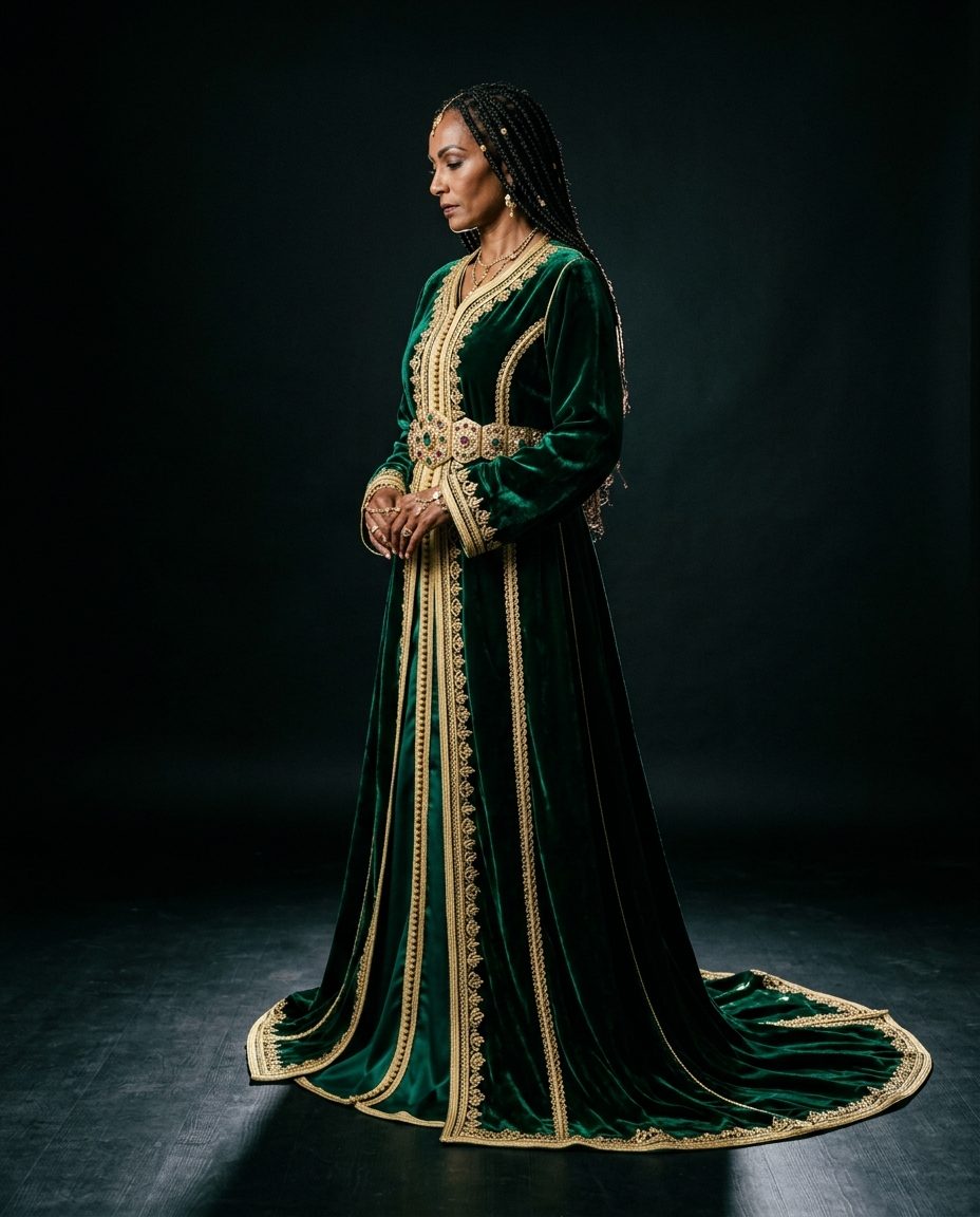 Emerald Takchita — Emerald silk velvet takchita, gold sfifa, hand-tied aakad, jewelled mdamma
