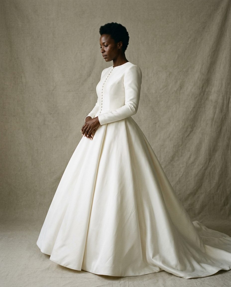 Ngong Hills Gown — Silk mikado ball gown with hand-set buttons