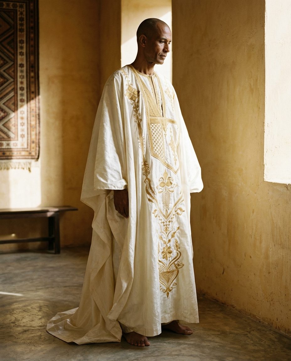Saint-Louis Grand Boubou — Ivory bazin with a hand-drawn gold neckline embroidery running to the hem
