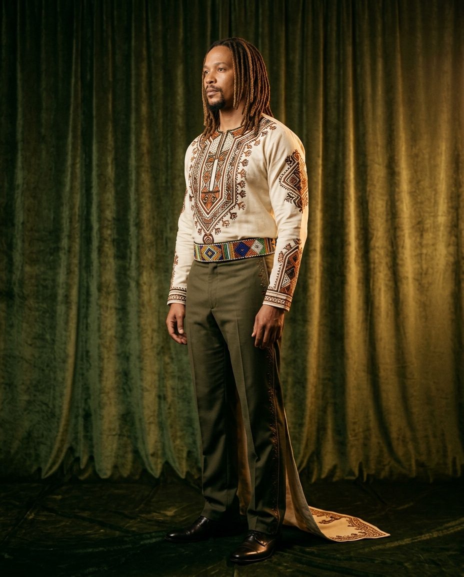 Zulu Groom Set — Embroidered shirt and tailored trousers with a beaded belt