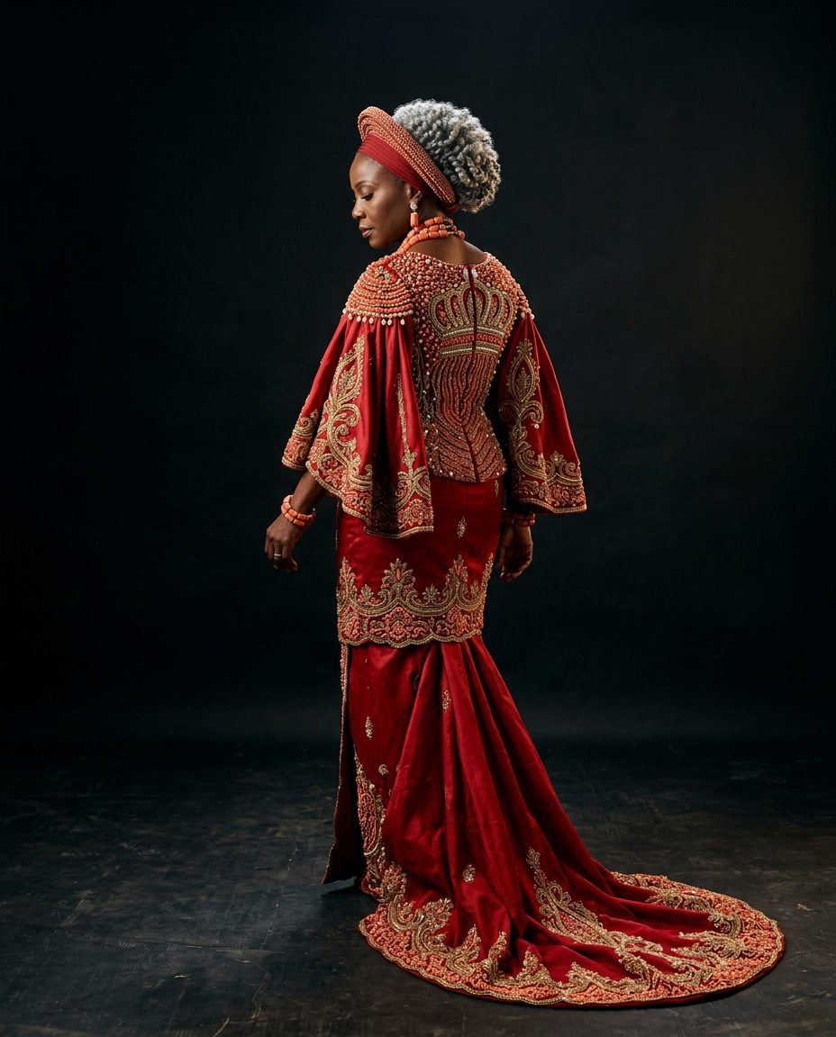 Coral Crown Blouse — Hand-beaded coral and gold bodice on red george, cape sleeve