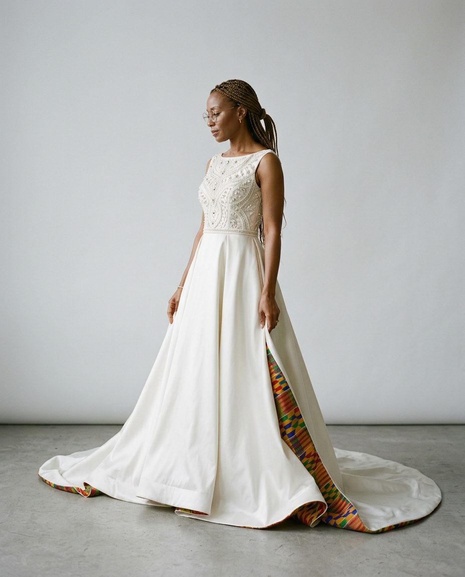Hidden Kente Gown — Ivory silk mikado gown lined in family kente, hand-beaded bodice