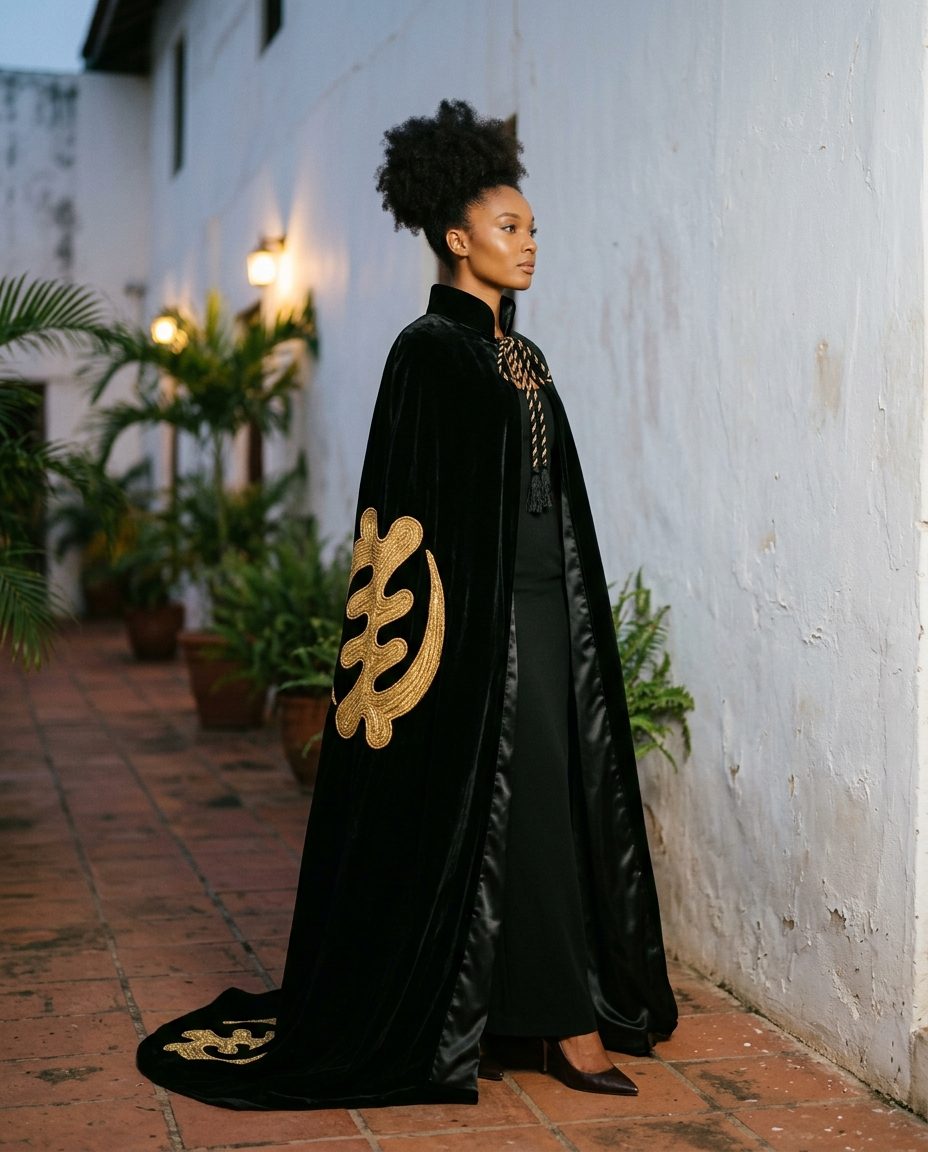 Gye Nyame Cape — Black silk velvet cape with gold bullion adinkra, silk satin lining, hand-tied closure