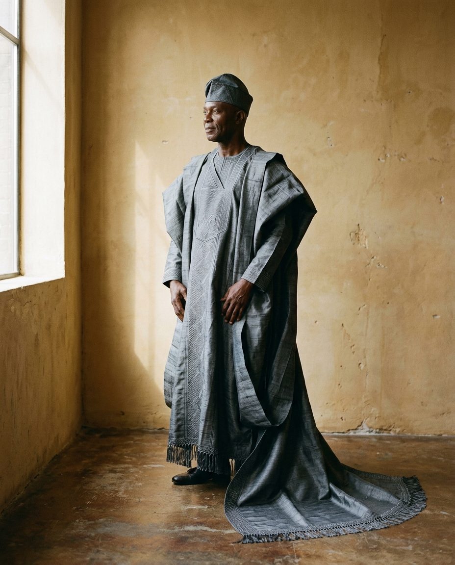 Iron-Grey Family Set — Sanyan silk aso oke in iron grey, six matching agbada and iro sets, hand-finished hems