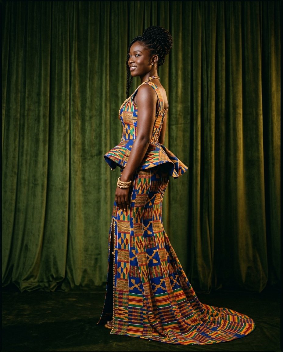 Fathia Fata Nkrumah Set — Kente kaba and slit with a sculpted peplum, hand-set closures