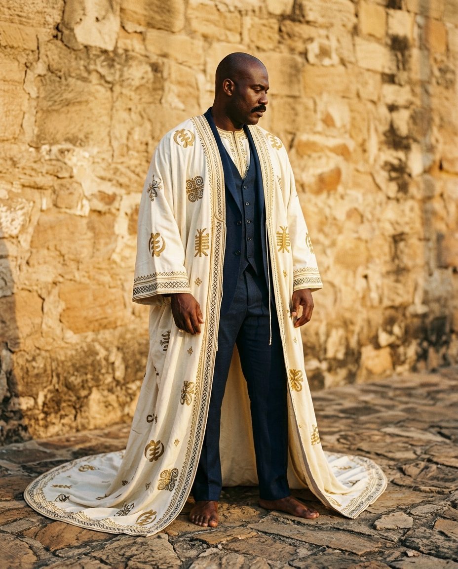 Osu Groom Wardrobe — Midnight wool three-piece plus a cream embroidered kaftan for the traditional day