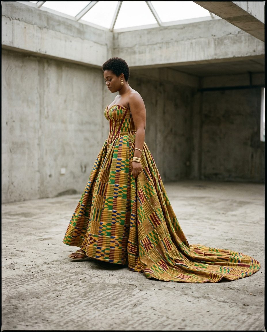 Adweneasa Gown — Bonwire kente in gold and green, hand-joined strips, silk lining, boned bodice