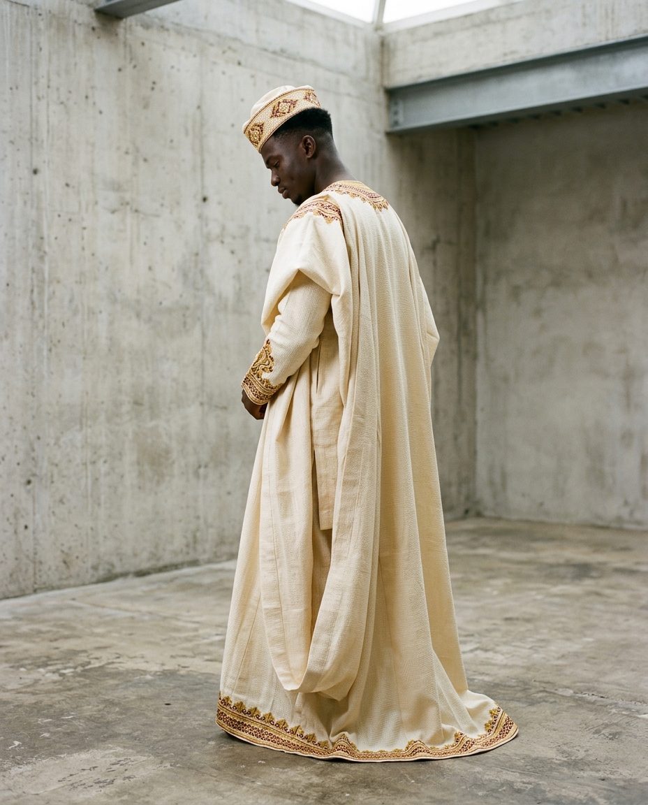First-Birthday Agbada — Miniature cream agbada with embroidered neckline
