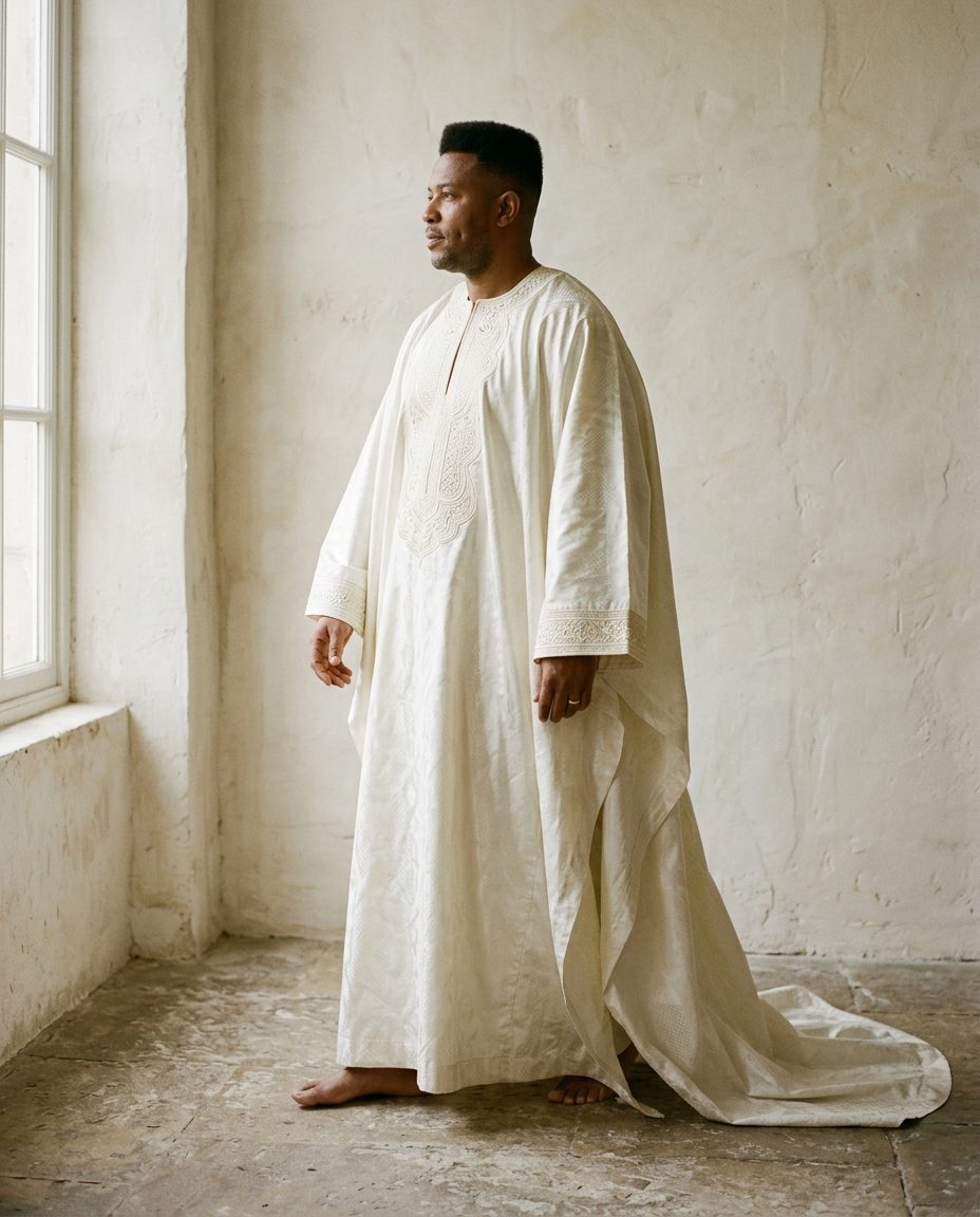 Conakry Tonal Boubou — Ivory bazin with ivory embroidery at neckline and cuffs