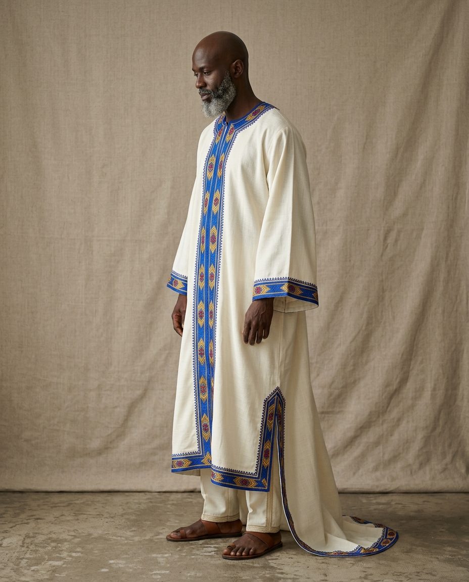 Kita Kaftan — Ivory kita-trimmed kaftan with matching trousers