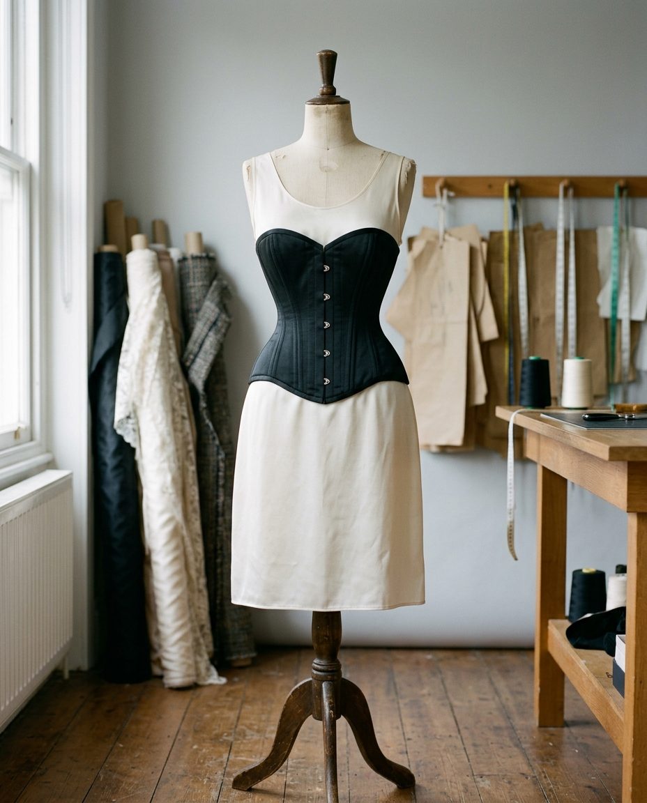 Black Silk Corset — Silk duchesse overbust, spiral steel, hand-set busk