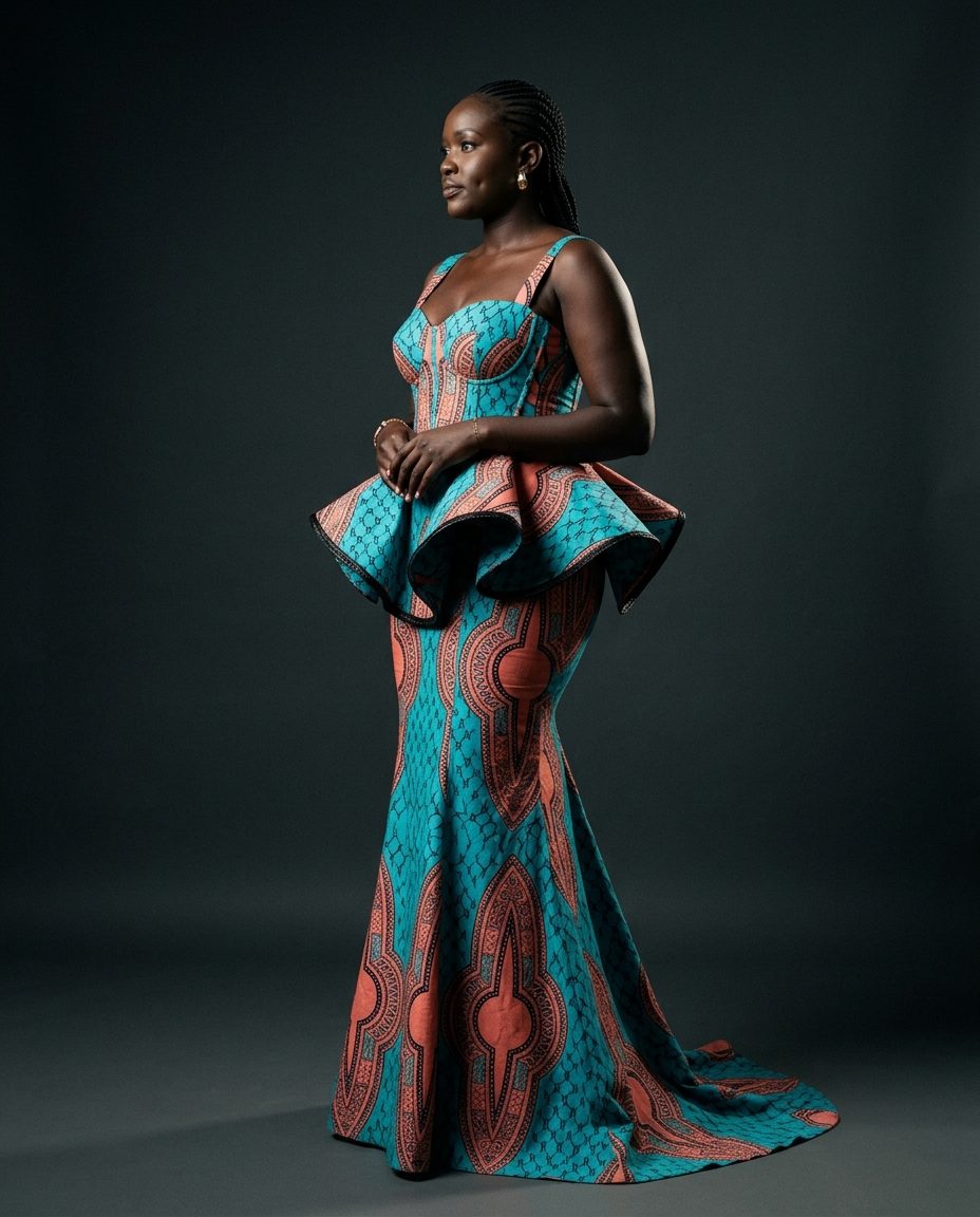 Plateau Peplum Dress — Turquoise and coral kitenge with horsehair-edged peplum, boned bodice