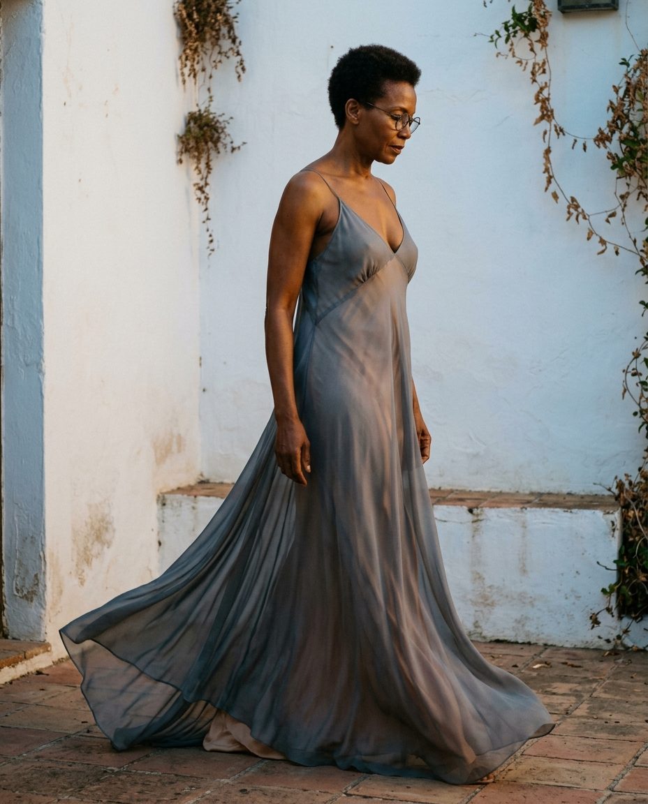 Smoke Slip Gown — Grey silk georgette over a nude bias slip, hand-finished straps