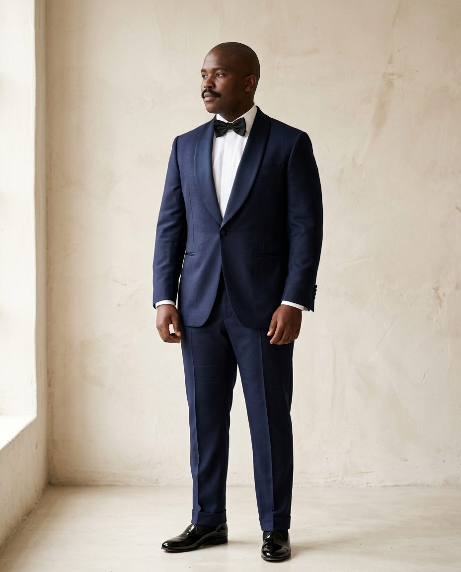 Navy Dinner Suit — Navy mohair dinner suit with shawl collar