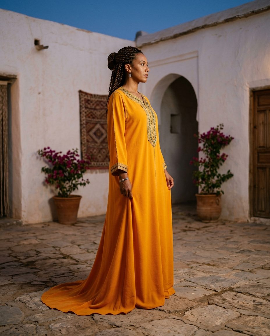 Saffron Gandoura — Saffron crepe gandoura with hand-braided neckline