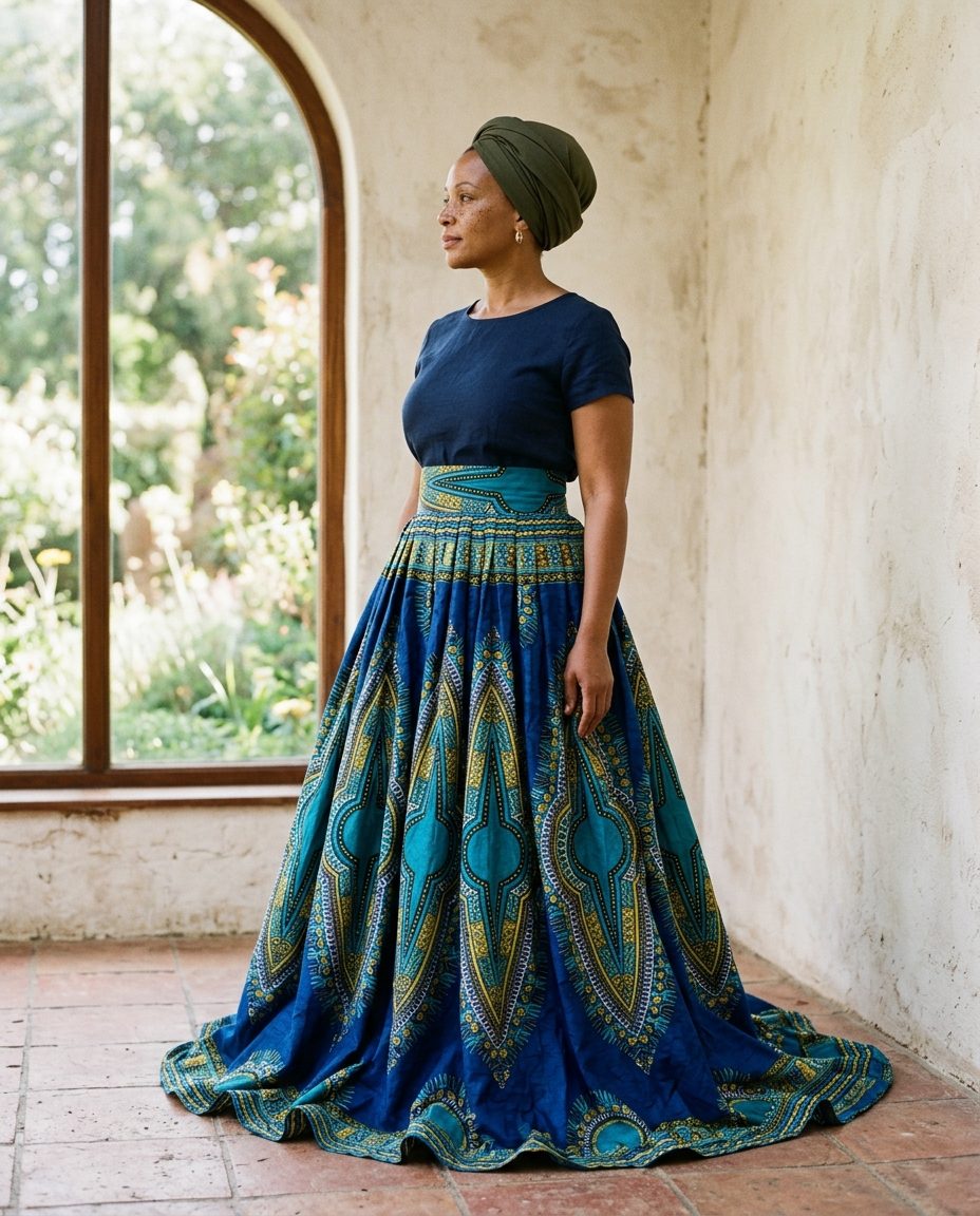 Lagoon Skirt — Full kitenge skirt with a structured waistband