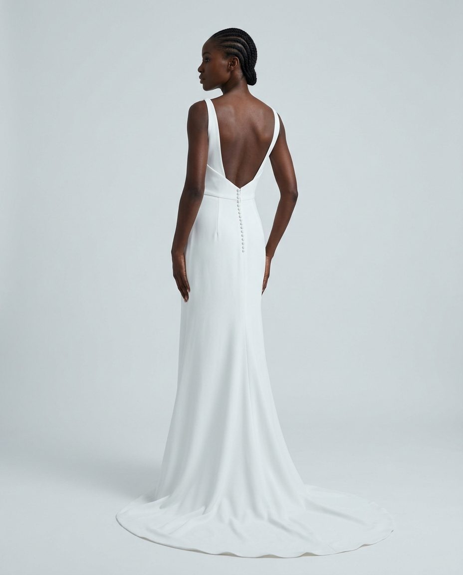 Silk Crepe Column — Low-back crepe gown with hand-set buttons