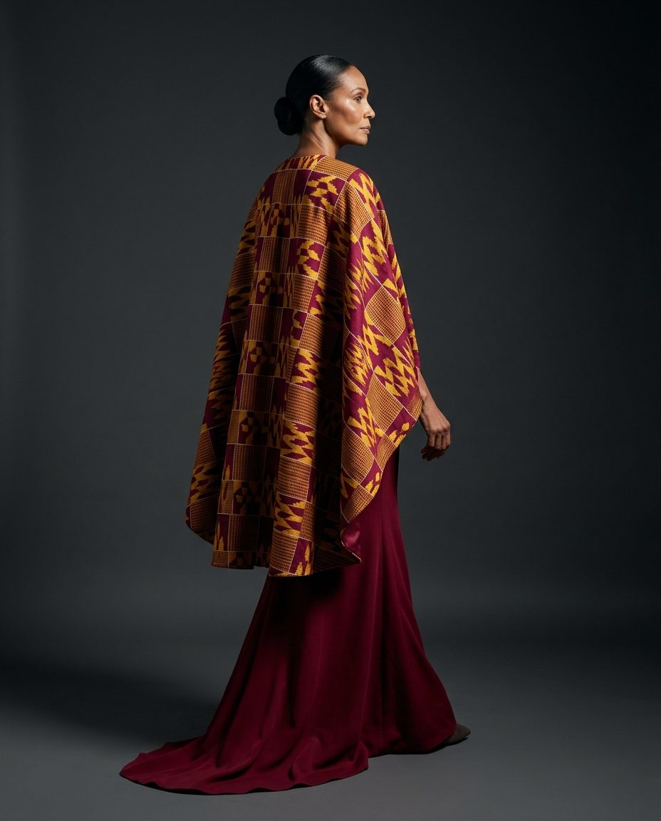 Oyokoman Cape — Burgundy and gold kente cape over a silk crepe column
