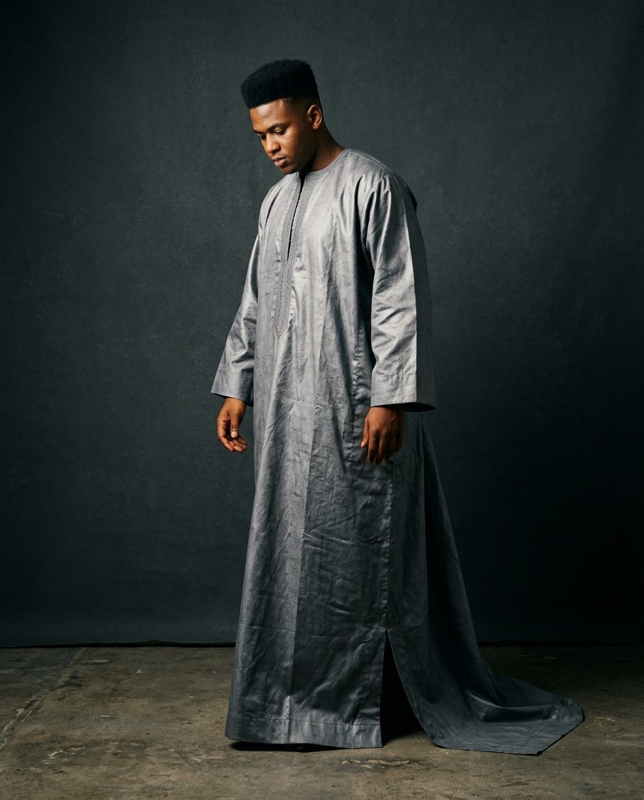 Grey Kaftan — Beaten grey bazin kaftan for the groom