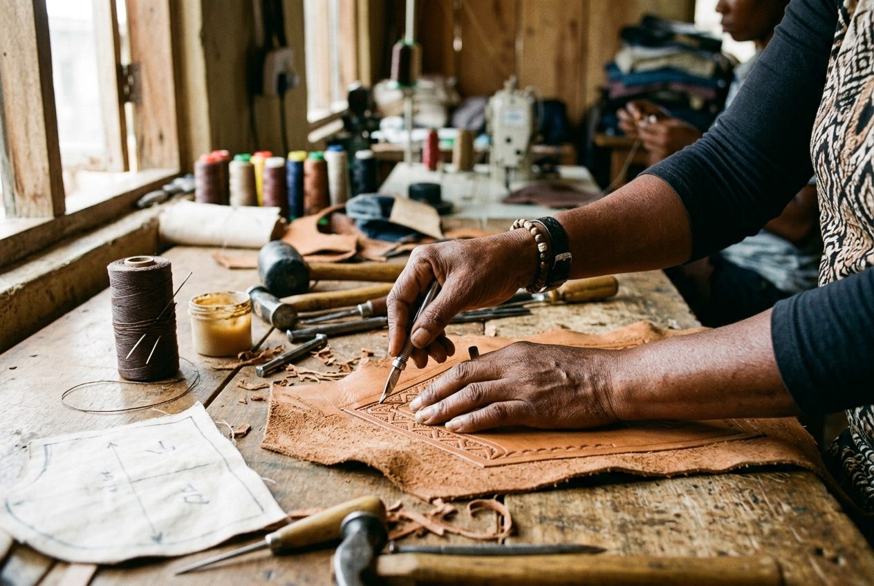 Work in progress at Nwosu Leatherworks, Aba