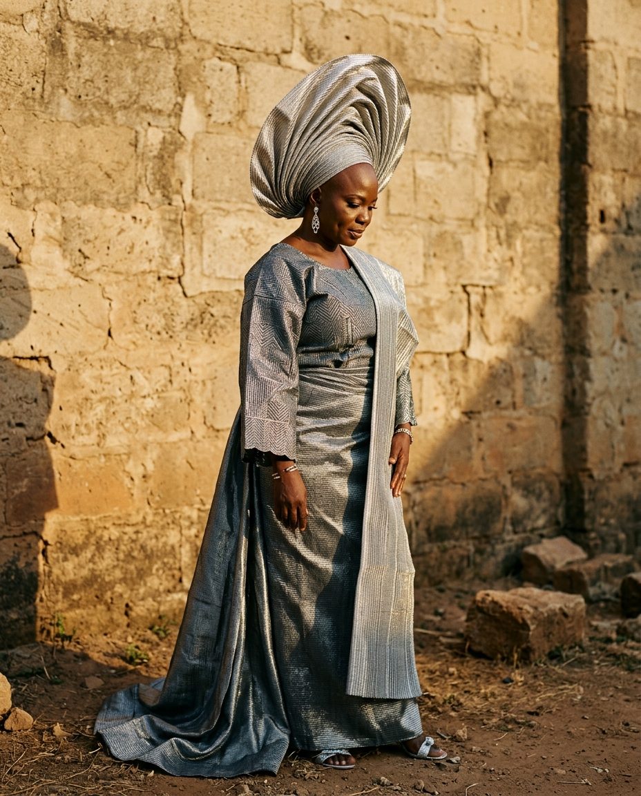 Stiff Gele in Silver — Double-layer metallic aso oke gele, wired edge, pleated by hand