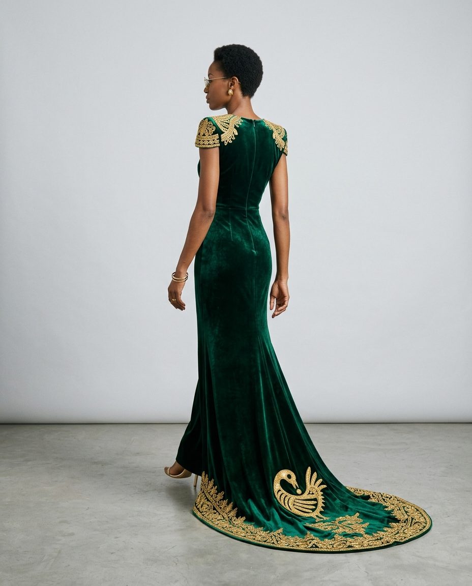 Sankofa Gown — Emerald velvet column with gold goldwork at the shoulders and hem