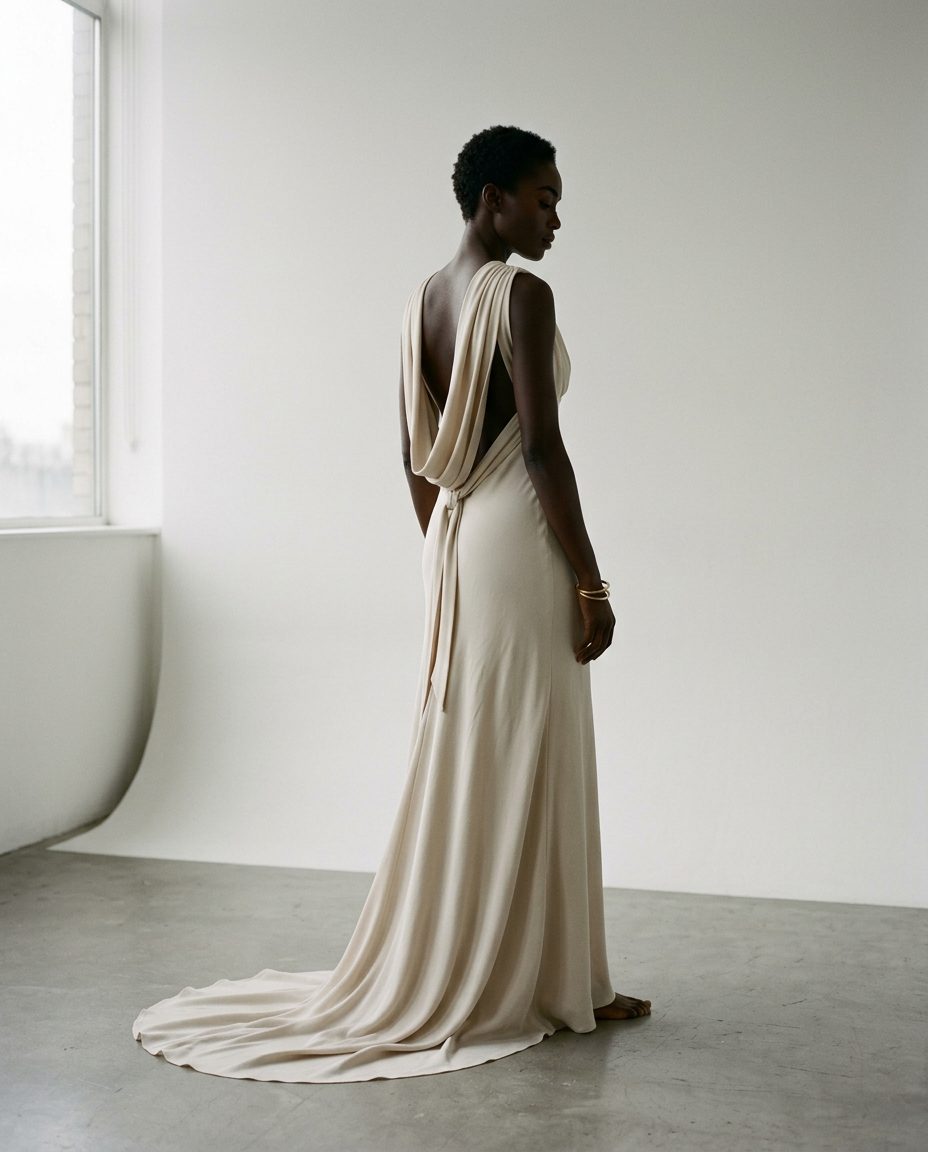Aldgate Dress — Bias crepe with a draped shoulder and open back