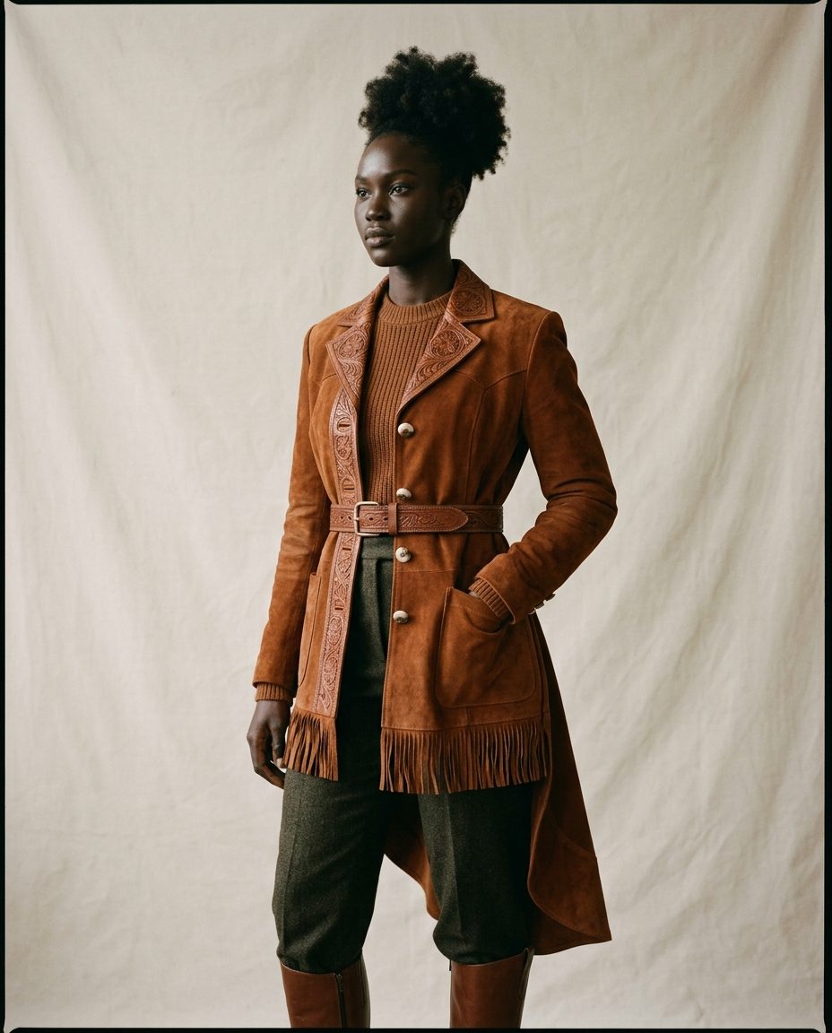 Saddle Jacket — Hand-cut suede jacket with tooled collar
