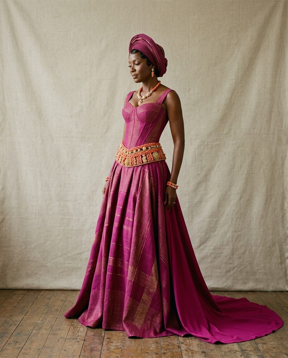 Magenta Loom Gown — Hand-woven magenta aso oke with gold weft, boned bodice, hand-set coral at the waist