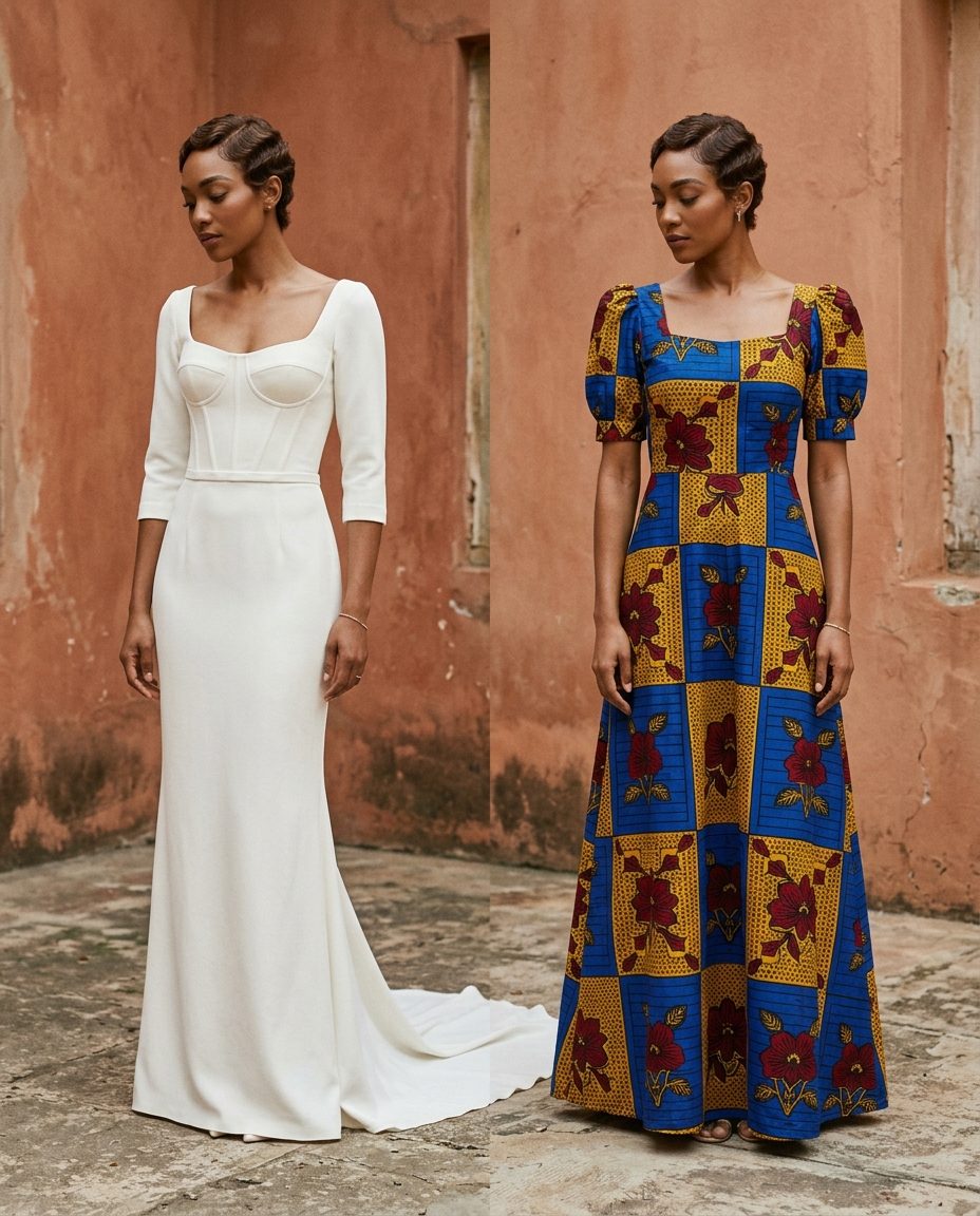 Karen Bridal Pair — Ivory crepe gown with boned bodice, plus a kitenge ceremony dress from the same block