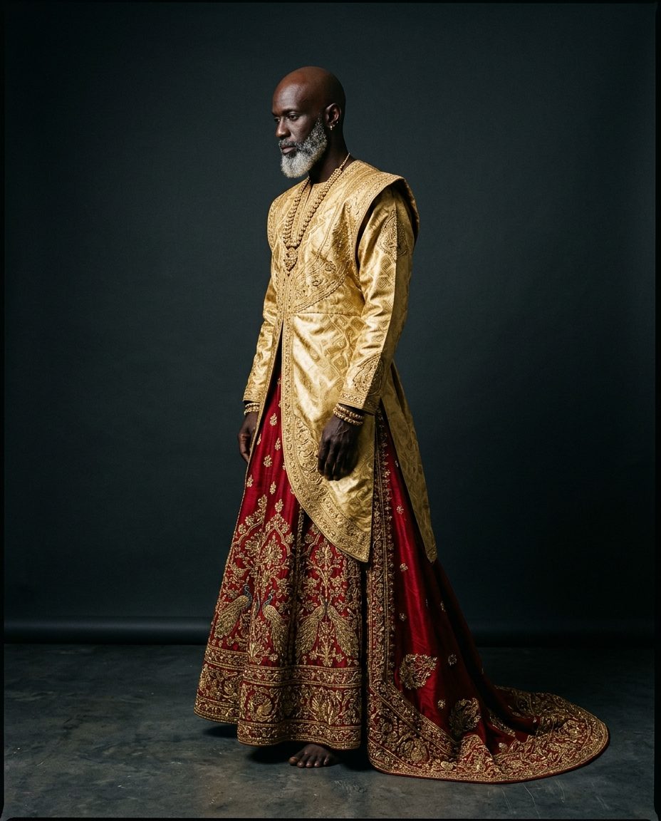 Delhi-Dakar Pair — Red silk lehenga with zardozi plus a gold bazin boubou