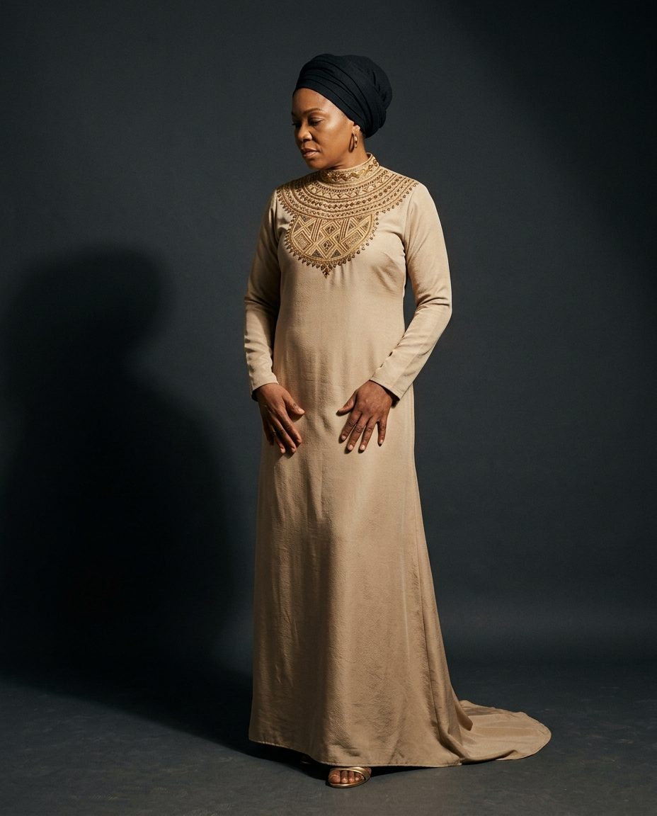 Sahel Gown — Sand silk column with gold embroidered yoke
