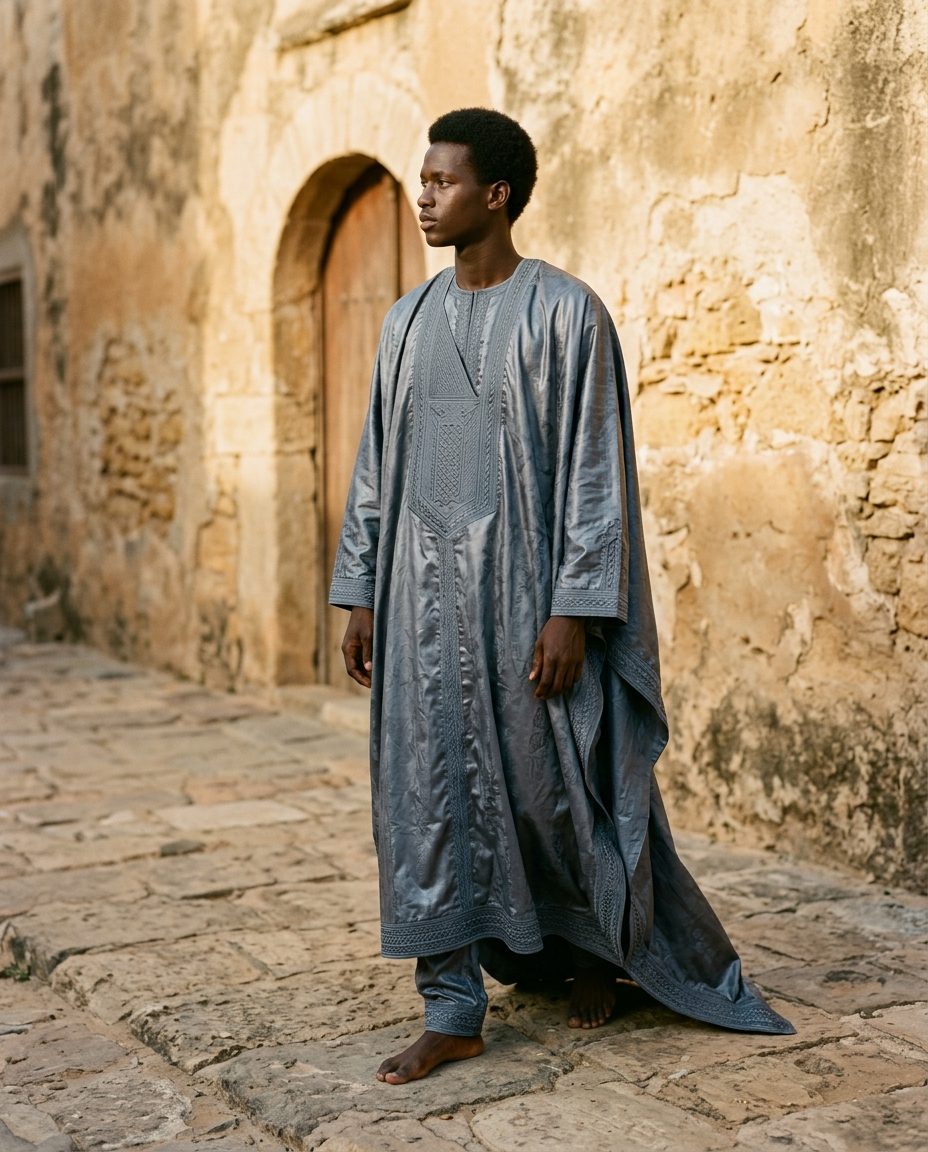 Slate Three-Piece — Slate bazin boubou, tunic and trousers with tonal embroidery