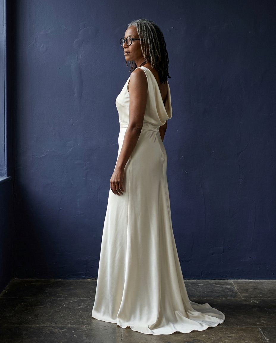 Clerkenwell Column — Bias-cut ivory silk charmeuse, cowl back, hand-rolled hem