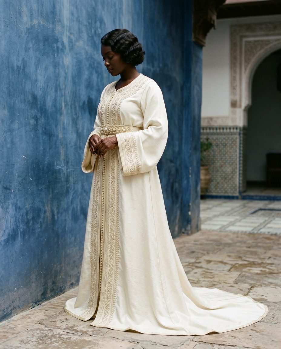 Medina Caftan — Ivory silk caftan with tonal sfifa